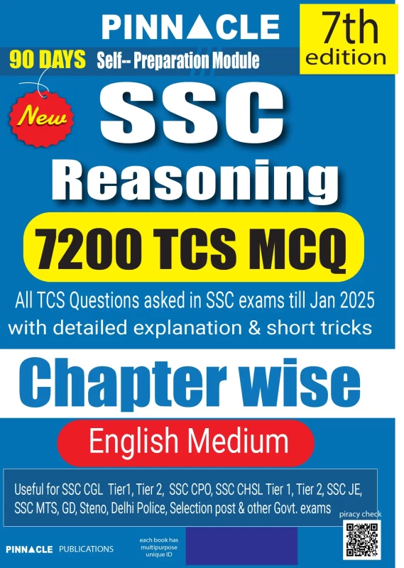 Pinnacle SSC Reasoning 7200 TCS MCQ Chapter Wise 7th edition with detailed explanation & short tricks English medium